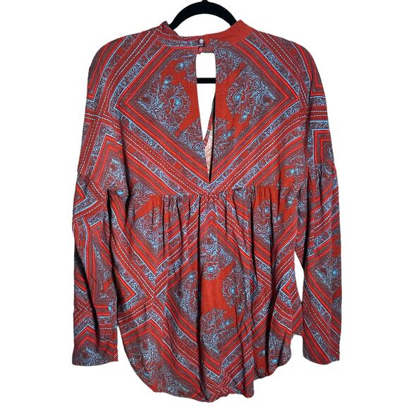 Free People Walking On A Dream Keyhole Pullover Tunic Red Blue Small Boho Hippie - Picture 3 of 8